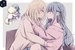  2girls 55ddee animal_ears bang_dream! bang_dream!_it's_mygo!!!!! blonde_hair blue_hair blue_shorts dog_ears dog_girl dog_tail hair_ribbon headpat kemonomimi_mode long_hair medium_hair misumi_uika multiple_girls off_shoulder pink_shirt ribbon scared shirt shorts sidelocks tail thunder togawa_sakiko upper_body violet_eyes yellow_eyes yuri 