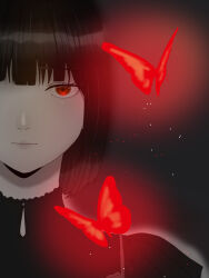  1girl amakura_mayu black_background black_hair black_shirt bob_cut bug butterfly closed_mouth commentary expressionless fatal_frame fatal_frame_ii:_crimson_butterfly highres light_particles looking_at_viewer parted_lips portrait red_butterfly red_eyes shirt short_hair simple_background solo untranslatable_commentary yukiame 
