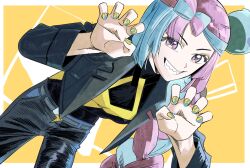  1girl alternate_costume aoki_onigiri black_jacket black_pants black_shirt blue_hair bow-shaped_hair breasts character_hair_ornament denim hair_ornament half-closed_eyes hexagon_print highres iono_(pokemon) jacket jeans leaning_forward long_hair long_sleeves medium_breasts multicolored_hair open_clothes open_jacket pants pink_hair pokemon pokemon_scarlet_and_violet sharp_teeth shirt smile solo split-color_hair teeth v-shaped_eyebrows 