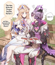  1boy 1girl bare_shoulders bench beret blonde_hair blue_eyes book boots closed_mouth coat confused cross-shaped_pupils detached_sleeves dragon_boy dragon_horns dragon_tail dragon_wings dress durin_(genshin_impact) ear_ornament english_commentary english_text facial_mark feet_out_of_frame flying_sweatdrops forehead_mark genshin_impact gloves gradient_hair hat heart-shaped_gem highres holding holding_book horns long_hair long_sleeves looking_at_another mandarin_collar medium_hair multicolored_hair nicole_reeyn on_bench open_book open_mouth pants pointing pointing_at_object pointy_ears purple_hair rchella side-by-side sitting smile symbol-shaped_pupils tail twisted_torso two-sided_horns two-tone_hair very_long_hair white_dress white_hat wings 