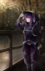  1girl ajirogasa animal_ears autumn_leaves commentary_request falling_petals forbidden_scrollery hand_on_headwear hat highres japanese_clothes kimono kisuke1212 leaf official_alternate_costume outdoors pants petals purple_hair purple_kimono purple_pants rabbit_ears rabbit_girl red_eyes reisen_udongein_inaba solo touhou tree 