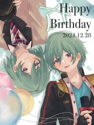  2boys aqua_shirt balloon black_hat black_jacket blush bob_cut brown_jacket closed_mouth commentary_request dated diploma diploma_tube dual_persona ensemble_stars! green_hair hair_between_eyes happy_birthday hat highres holding holding_balloon holding_diploma holding_unworn_clothes holding_unworn_hat idol_clothes jacket kazehaya_tatsumi lying male_focus mole mole_under_eye multiple_boys necktie oishii_gohan on_back open_collar open_mouth red_necktie reimei_school_uniform school_uniform shirt short_hair smile striped_clothes striped_necktie time_paradox unworn_hat unworn_headwear upper_body violet_eyes white_shirt 