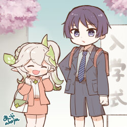  1boy 1girl akoya_(anoko_konoko) alternate_costume arm_behind_back arms_at_sides artist_name backpack bag belt belt_buckle black_belt black_jacket black_shorts black_sleeves blazer blouse blue_necktie blue_sky blunt_ends braid buckle cherry_blossoms choppy_bangs clenched_hand closed_eyes collared_shirt colored_tips commentary_request contemporary eyeliner facing_viewer genshin_impact green_eyes green_hair hair_ornament half_crown_braid handbag hands_up height_difference jacket lapels leaf leaf_hair_ornament long_hair long_sleeves looking_at_viewer makeup multicolored_hair nahida_(genshin_impact) necktie office_lady open_mouth outdoors pencil_skirt pink_jacket pink_skirt pointy_ears purple_hair randoseru red_bag red_eyeliner scaramouche_(genshin_impact) school_uniform shirt shorts side_ponytail sidelocks single_sidelock skirt sky streaked_hair striped_clothes striped_necktie translation_request undershirt violet_eyes white_bag white_hair white_shirt wing_collar 