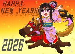  1girl 2026 black_hair chibi chibi_only chinese_zodiac commentary_request english_text full_body hair_bun happy_new_year highres horse japanese_clothes kimono long_hair multicolored_hair nakayoshi_koyoshi orange_background purple_hair purple_kimono riding sentai_red_isekai_de_boukensha_ni_naru solo_focus two-tone_hair violet_eyes year_of_the_horse yihdra_arvoln 