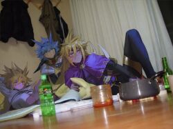  3boys alcohol alien_888 antenna_hair arms_between_legs barefoot behind_another black_headband black_pants blanket blonde_hair blue_eyes blue_hair bottle coat coat_rack commentary_request cooking_pot curtains dutch_angle facial_mark facing_another green_eyes hair_between_eyes hair_slicked_back headband highres indoors jar kimchi knee_up knees_up korean_commentary kuaidul_velgear leaning_back long_hair looking_to_the_side lying male_focus multiple_boys on_back on_ground on_side pants photo_background pillow purple_tunic resting sitting spiky_hair tunic violet_eyes water_bottle white_coat yu-gi-oh! yu-gi-oh!_go_rush!! yudias_velgear zuwijo_zir_velgear 