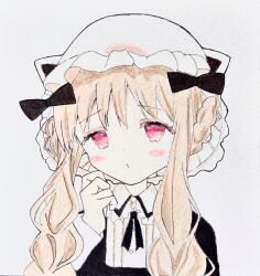  1girl blonde_hair blush bow braid dress hat highres long_hair looking_at_viewer magical_girl mahou_shoujo_ikusei_keikaku mahou_shoujo_ikusei_keikaku_restart maid mob_cap nokko-chan red_eyes smile solo twin_braids usamutan 