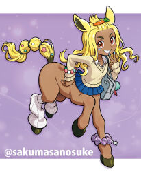  1girl animal_ears anklet artist_name bag bangs_pinned_back blonde_hair blue_nails blue_skirt bracelet brown_eyes carrot_hair_ornament centaur collared_shirt commentary_request dark-skinned_female dark_skin fanged_bangs flat_chest food-themed_hair_ornament grin gyaru gyaru_v hair_ornament hand_on_own_hip heart horse_ears horse_tail jewelry leg_up long_hair looking_at_viewer loose_socks multi-tied_hair multicolored_hair nail_polish original piercing pleated_skirt purple_background roots_(hair) sakuma_sanosuke school_bag shirt skirt smile socks solo standing_on_three_legs star_charm sweater tail taur twitter_username v white_shirt 