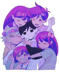 2girls 4boys absurdres antenna_hair arm_on_another's_shoulder aubrey_(headspace)_(omori) aubrey_(omori) basil_(headspace)_(omori) basil_(omori) black_tank_top blue_overalls blue_shirt blush bow brother_and_sister brothers closed_eyes closed_mouth collarbone collared_pajamas collared_shirt colored_skin double-parted_bangs flower flower_wreath green_eyes green_hair grin group_hug hair_behind_ear hair_between_eyes hair_bow head_wreath hero_(headspace)_(omori) hero_(omori) highres hug kel_(headspace)_(omori) kel_(omori) long_shirt looking_at_another looking_at_viewer mari_(headspace)_(omori) mari_(omori) milkymilkyshark multiple_boys multiple_girls omori omori_(omori) one_eye_closed open_mouth overalls pajamas pink_bow purple_hair purple_sweater_vest shirt short_hair short_sleeves shorts siblings sidelocks simple_background smile striped_clothes striped_pajamas striped_shorts sweater_vest t-shirt tank_top teeth tongue vertical-striped_clothes vertical-striped_pajamas vertical-striped_shorts violet_eyes white_background white_shirt white_shorts white_skin yellow_shirt 