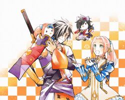  1boy 1girl alternate_hairstyle armor black_hair blue_jacket blue_sleeves checkered_background closed_mouth cowboy_shot dress eleanor_hume enoki_(megaclam) fingerless_gloves frilled_dress frills gloves gold_trim green_eyes hair_ornament hairpin hello_kitty highres jacket japanese_armor japanese_clothes long_hair looking_up open_mouth orange_background pink_hair rokurou_rangetsu sanrio simple_background smile standing tales_of_(series) tales_of_berseria two-tone_background white_background white_dress white_gloves 