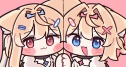  2girls :3 animal_collar animal_ear_fluff animal_ears bandaid bandaid_hair_ornament black_collar black_jacket blonde_hair blue_eyes blue_hairband blue_streaks blush_stickers cheek-to-cheek chibi chibi_only collar dog_ears double-parted_bangs ear-to-ear fake_horns fang fur-trimmed_jacket fur_trim fuwawa_abyssgard fuwawa_abyssgard_(1st_costume) hair_between_eyes hair_ornament hairband hairclip heads_together highres holding_hands hololive hololive_english horn_hairband horns jacket long_hair looking_at_viewer mming_(mmingis18) mococo_abyssgard mococo_abyssgard_(1st_costume) multicolored_hair multiple_girls parallel_hairclips pink_hairband pink_streaks red_eyes shirt short_hair siblings simple_background sisters streaked_hair twins two_side_up upper_body virtual_youtuber white_background white_shirt x_hair_ornament 