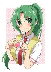 1girl blush breasts commentary_request green_eyes green_hair heart heart_hands highres higurashi_no_naku_koro_ni kojikigoujawa long_hair necktie ponytail red_necktie school_uniform shirt solo sonozaki_mion upper_body vest white_shirt yellow_vest 