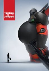  2boys absolute_batman absolute_dc axe back_spikes bat_mask batman batman_(absolute_dc) battle_axe belt big_hero_6 bodysuit bosslogic dc_comics grey_bodysuit gun highres holding holding_gun holding_weapon male_focus mecha multiple_boys robin_(dc) robot superhero_costume utility_belt weapon 