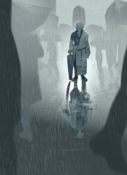  1boy 6+others aged_down belt black_shirt blood blood_on_weapon commentary_request different_reflection gintama gyoza_life_ggg hadanugi_dousa highres holding holding_sword holding_umbrella holding_weapon japanese_clothes katana kimono long_sleeves looking_down male_focus messy_hair multiple_others outdoors rain reflection ripples sakata_gintoki shirt short_hair short_sleeves silhouette solo_focus standing sword umbrella weapon white_hair 