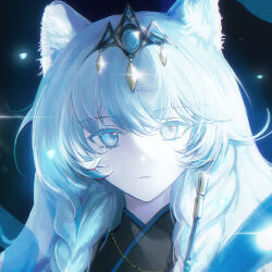  1girl animal_ear_fluff animal_ears arknights braid commentary glint gold hair_ornament highres light_particles livide long_hair looking_to_the_side parted_lips portrait pramanix_(arknights) pramanix_the_prerita_(arknights) solo twin_braids untranslatable_commentary white_eyes white_hair 