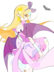  1girl back bat_(animal) bat_wings blonde_hair bow cowboy_shot dress dress_bow hairband highres long_hair looking_ahead monogatari_(series) oshino_shinobu pink_dress pointy_ears purple_hairband simple_background solo waaifu6623 white_background wings 