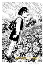  1girl artist_name backpack bag blunt_bangs bob_cut border closed_mouth collared_shirt commentary_request coreopsis_(flower) dated dot_mouth dutch_angle field flower flower_field from_side full_body greyscale hand_up hatching_(texture) linear_hatching loafers looking_at_viewer looking_to_the_side monochrome original outdoors pleated_skirt shirt shoes short_hair skirt solo standing traditional_media tree vest white_border zpihr6jprso2r2l 