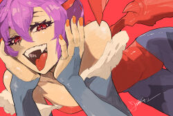  1girl breasts commentary darkstalkers detached_sleeves fangs flat_chest highres jinbei_(jinbei0608) lilith_(darkstalkers) narrow_waist open_mouth orange_nails pink_hair red_eyes short_hair signature skinny small_breasts solo tongue tongue_out wings 