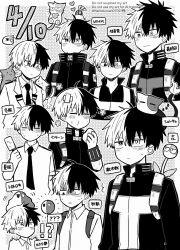  1boy animal_on_head bird bird_on_head blazer blush boku_no_hero_academia burn_scar cat cat_on_head closed_eyes commentary_request eating food hair_between_eyes hentekosan0702 heterochromia highres holding holding_food holding_popsicle jacket monochrome multicolored_hair multiple_boys necktie on_head open_mouth popsicle red_hair scar scar_on_face school_uniform shirt simple_background split-color_hair surprised todoroki_shoto two-tone_hair white_background white_hair 