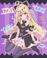  1girl ankle_boots antenna_hair black_boots black_bow black_bowtie black_capelet black_shoes black_thighhighs blonde_hair boots bow bowtie braid brooch capelet closed_mouth commentary crown_braid cure_arcana_shadow dated diamond_hairband dress earrings frilled_capelet frilled_cuffs frilled_dress frills gradient_hair hair_bow hair_intakes heart heart_brooch high_heels highres jewelry layered_dress long_hair magical_girl meitantei_precure! moria_luluka multicolored_hair naze?_nazo?!_answer outline pink_eyes pink_hair precure purple_thighhighs purple_veil purple_wrist_cuffs rei_(c_nkn0) shoes short_dress sitting smile solo tear_arcana_rod thigh-highs veil very_long_hair wariza white_outline wrist_cuffs zettai_ryouiki 