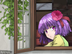  1girl brick_wall commentary_request crack cracked_wall flower from_inside green_kimono hair_flower hair_ornament hieda_no_akyuu japanese_clothes kimono looking_at_viewer open_window outdoors parted_lips pi-nattus pink_flower pink_rose purple_hair rose shadow short_hair solo touhou violet_eyes window yellow_kimono 