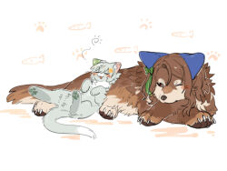  =_= aaasakawa animal_focus blush bow cat claws dog ear_bow ear_covers flower green_bow king_halo_(umamusume) lying lying_on_animal no_humans on_back one_eye_closed pawpads recursive_animalization red_eyes seiun_sky_(umamusume) squeans umamusume white_background yellow_flower 