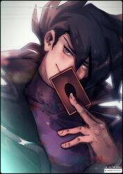  1boy between_fingers black_eyes black_hair card card_between_fingers commentary english_commentary glitch highres holding holding_card jacket long_sleeves looking_at_viewer maewenmitzuki male_focus manjoume_jun purple_shirt shirt smile solo spiky_hair upper_body yu-gi-oh! yu-gi-oh!_gx 