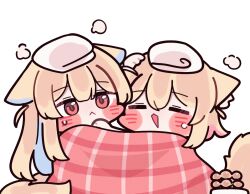  2girls =_= animal_ear_fluff animal_ears blonde_hair blue_streaks blush_stickers chibi chibi_only dog_ears dog_girl dog_tail double-parted_bangs doughnut food fuwawa_abyssgard hololive hololive_english long_hair looking_at_another mming_(mmingis18) mococo_abyssgard multicolored_hair multiple_girls pink_streaks pon_de_ring red_eyes shared_blanket short_hair siblings sick simple_background sisters small_sweatdrop streaked_hair tail twins two_side_up virtual_youtuber white_background 
