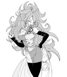  1girl android_21 armpits bare_shoulders black-framed_eyewear black_nails black_pantyhose black_sleeves breasts candy checkered_clothes checkered_dress clenched_teeth detached_sleeves dragon_ball dragon_ball_fighterz dress earrings eyewear_removed feet_out_of_frame fenyon fingernails food glasses greyscale grin hand_on_own_hip hand_up highres holding holding_candy holding_food holding_lollipop hoop_earrings jewelry lab_coat large_breasts lollipop long_hair long_sleeves looking_at_viewer monochrome mouth_hold pantyhose parted_bangs short_dress simple_background sleeveless sleeveless_dress smile solo teeth teeth_hold thigh_gap tsurime turtleneck turtleneck_dress very_long_hair wavy_hair white_background 