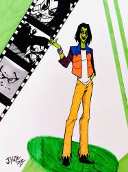  1boy ace_(ppg) black_hair black_shoes blue_vest brown_pants colored_skin commentary english_commentary fangs feel-the-fire film_strip green_background green_skin hand_in_pocket highres male_focus marker_(medium) medium_hair multiple_expressions open_hand orange_vest pants powerpuff_girls purple_shirt shirt shoes signature standing sunglasses traditional_media vest white_background white_shirt 