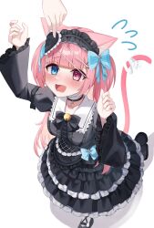  1girl absurdres animal_ears bandaged_neck bandages bell black_bow black_choker black_dress black_headdress black_shoes blue_bow blue_eyes blunt_bangs blush bow breasts cat_ears cat_girl cat_tail center_frills cet_(hajisirazunoko) choker commentary cross cross_necklace dress eyepatch fang flying_sweatdrops frilled_dress frills hair_bow highres indie_virtual_youtuber jewelry jingle_bell large_breasts layered_dress long_hair long_sleeves necklace open_mouth paw_print pink_eyes pink_hair ribbon shoes simple_background skin_fang solo_focus tail tearing_up two_side_up virtual_youtuber white_background white_ribbon wide_sleeves yuuki_sakuna 