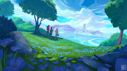 1boy 2girls absurdres alina_l axe battle_axe belt black_belt black_coat black_pants black_pantyhose black_roots blue_flower blue_sky boots brown_boots building bush capelet clouds cloudy_sky coat commentary day earrings english_commentary facing_away fern_(sousou_no_frieren) flower frieren from_behind gold_trim grass highres holding holding_staff holding_suitcase jacket jewelry knee_boots long_hair long_sleeves mage_staff mountainous_horizon multicolored_hair multiple_girls outdoors pants pantyhose pointy_ears purple_hair red_hair red_jacket reflection reflective_liquid rock roots_(hair) scenery shirt short_hair shoulder_belt signature skirt sky sousou_no_frieren staff standing stark_(sousou_no_frieren) suitcase teardrop_earrings tree tree_shade twintails twitter_username very_wide_shot water weapon weapon_on_back white_capelet white_hair white_shirt white_skirt 