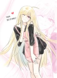  1girl ahoge apron black_shirt blonde_hair cho_kaguya-hime! commentary_request feet_out_of_frame finger_to_cheek heart highres jidesuka2ma kaguya_(cho_kaguya-hime!) korean_commentary korean_text long_hair long_shirt one_eye_closed pink_apron red_eyes shirt sketch smile solo translation_request very_long_hair zoom_layer 