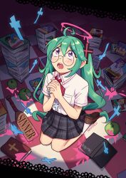  1girl ahoge apple bible_(object) black_skirt blush_stickers book book_stack bow bowtie breast_pocket brown_shoes checkered_floor collared_shirt commentary confessions_of_a_rotten_girl_(vocaloid) cross cross_hair_ornament cross_necklace death_note_(object) english_commentary food fruit fujoshi full_body green_apple green_hair hair_between_eyes hair_ornament halo hatsune_miku highres holding holding_cross jewelry long_hair looking_up melting_halo necklace open_mouth own_hands_together papipomelo penny_loafers pink_halo plaid_clothes plaid_skirt pleated_skirt pocket praying raised_inner_eyebrows red_bow red_bowtie round_eyewear seiza shirt shirt_tucked_in shoes sidelocks sitting skirt socks solo spotlight tears twintails twitter_username violet_eyes vocaloid white_shirt white_socks yaoi_(object) 