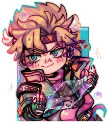  1boy battle_tendency black_shirt blonde_hair blue_eyes bubble caesar_anthonio_zeppeli closed_mouth fingerless_gloves gloves green_jacket headband jacket jojo_no_kimyou_na_bouken maewenmitzuki male_focus purple_scarf scarf shirt short_hair solo sparkle studded_gloves 