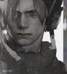  1boy alternate_costume close-up curtained_hair furrowed_brow greyscale hair_over_one_eye highres leon_s._kennedy lips looking_afar male_focus monochrome resident_evil resident_evil_4 resident_evil_4_(remake) short_hair solo xiaoqisevenner 