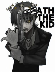  1boy artist_name black_hair black_nails black_suit character_name chromatic_aberration closed_mouth collared_shirt commentary crown death_the_kid expressionless facial_tattoo floating_crown glowing glowing_eyes grey_hair gun hand_up handgun highres holding holding_gun holding_own_wrist holding_weapon layered_sleeves long_sleeves looking_at_viewer male_focus multicolored_hair muted_color one_eye_covered pale_skin ringed_eyes runninnzin shirt short_hair simple_background skull skull_brooch skull_ring solo soul_eater striped_hair suit tattoo upper_body weapon white_background yellow_eyes 