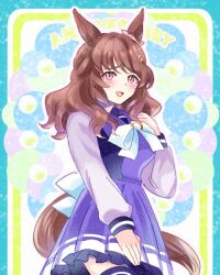  1girl animal_ears blush bow bowtie breasts brown_hair chiffon hair_ornament hairclip horse_ears horse_girl horse_tail light_hello_(umamusume) long_hair long_sleeves looking_at_viewer medium_breasts open_mouth pleated_skirt purple_sailor_collar purple_serafuku purple_shirt purple_skirt purple_thighhighs sailor_collar sailor_shirt school_uniform serafuku shirt skirt smile solo tail thigh-highs tracen_school_uniform umamusume white_bow white_bowtie 