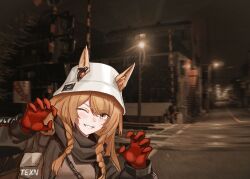  1girl ;d animal_ears arknights artist_name black_jacket blurry blurry_background brown_eyes brown_hair ceobe_(arknights) ceobe_(unfettered)_(arknights) chain chinese_commentary claw_pose commentary ears_through_headwear gloves grin hat highres jacket light_blush long_hair long_sleeves looking_at_viewer official_alternate_costume one_eye_closed photo_background red_gloves smile solo texn upper_body white_hat 