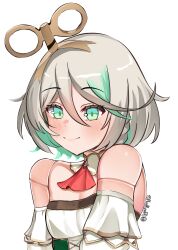  1girl absurdres ascot bare_shoulders blush braid cecilia_immergreen cecilia_immergreen_(1st_costume) colored_inner_hair corset cross-laced_clothes cross-laced_corset detached_collar detached_sleeves doll_joints double-parted_bangs flat_chest green_corset green_eyes green_hair green_streaks grey_hair hair_between_eyes hair_ornament highres hololive hololive_english joints long_sleeves multicolored_hair panpanmc4 puffy_long_sleeves puffy_sleeves red_ascot romper short_hair side_braid simple_background single_braid smile solo strapless_romper streaked_hair twitter_username underbust virtual_youtuber white_background white_romper white_sleeves winding_key 