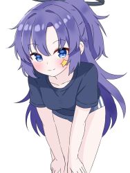  1girl arm_support blue_archive blue_buruma blue_eyes blue_shirt blush breasts buruma collarbone commentary_request cowboy_shot double-parted_bangs hair_between_eyes hair_intakes halo highres leaning_forward long_hair looking_at_viewer matu_(matu19) mechanical_halo medium_breasts one_side_up purple_hair shirt sidelocks simple_background smile solo star_(symbol) star_sticker sticker sticker_on_face t-shirt thighs white_background yuuka_(blue_archive) yuuka_(track)_(blue_archive) 