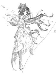  1girl absurdres boots chinese_clothes chinese_commentary closed_mouth commentary_request facial_mark fighting_stance floating_hair flower forehead_mark full_body greyscale hair_branch hair_bun hair_flower hair_ornament hanfu highres holding holding_sword holding_weapon jian_(weapon) leg_up lineart long_hair looking_to_the_side mole mole_above_eye monochrome pants paper_heron reverse:1999 smile solo standing standing_on_one_leg sword very_long_hair weapon white_background xiaoxiaowu 
