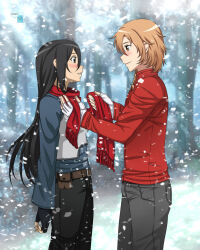  1boy 1girl asuna_(sao) black_eyes black_gloves black_hair black_pants brown_eyes brown_hair coat commentary commission english_commentary genderswap genderswap_(ftm) genderswap_(mtf) genderswap_on_genderswap gloves kirito manu-chann pants red_scarf scarf snow sword_art_online winter winter_clothes winter_coat winter_uniform 