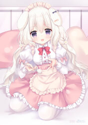  1girl :d amairo_chocolata animal_ears apron black_bow blush bow bowtie breasts center_frills commentary cream dog_ears dog_girl ear_bow floppy_ears frilled_apron frilled_skirt frilled_sleeves frills full_body hair_between_eyes hands_up heart heart-shaped_pillow high-waist_skirt highres holding holding_spoon incoming_food indoors juliet_sleeves kk0220 large_breasts long_hair long_sleeves looking_at_viewer maid maid_headdress misono_ichika on_bed open_mouth pantyhose pillow pink_bow pink_skirt pleated_skirt puffy_sleeves red_bow red_bowtie skirt sleeve_bow smile solo spoon tareme very_long_hair violet_eyes wavy_hair white_apron white_hair white_pantyhose 