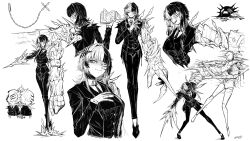  1girl 1other alternate_costume blunt_bangs book breasts closed_mouth collared_shirt commentary dress_shirt english_commentary extra_eyes fighting hair_ornament hand_on_own_chest hand_up highres holding holding_book hololive hololive_english jacket large_breasts long_hair long_sleeves motion_lines multicolored_hair multiple_views nebradisk necktie novelites_(shiori_novella) open_book open_mouth outstretched_arm oversized_forearms oversized_limbs shiori_novella shirt shoes signature simple_background smile speed_lines split-color_hair suit suit_jacket suit_pants two-tone_hair vest virtual_youtuber 