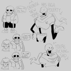  1:1 1other 2023 2boys 2d ambiguous_gender armor black_shorts brothers cape closed_eyes commentary cropped_legs cropped_torso digital_media english_commentary english_text frisk_(undertale) full_body gloves grey_background grey_hood hands_in_pockets highres hollow_eyes hood hood_down hooded_jacket human humanoid jacket long_sleeves male monochrome monster monster_boy multiple_boys multiple_views onerudegentlman open_clothes open_jacket open_mouth papyrus_(undertale) profanity sans_(undertale) shirt short_hair shorts siblings simple_background single_vertical_stripe skeleton slippers socks speech_bubble standing striped_clothes striped_shorts striped_sweater sweater teeth text trio undead undertale utdr_(toby_fox) vertical-striped_clothes vertical-striped_shorts white_stripes 