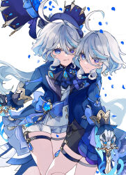  2girls ascot asymmetrical_gloves black_ascot black_necktie blue_ascot blue_gem blue_hat blue_jacket blue_pupils commentary_request cosplay cowlick drop-shaped_pupils eyelash_ornament focalors_(genshin_impact) furina_(genshin_impact) furina_(genshin_impact)_(cosplay) gem genshin_impact gloves hair_intakes hat heterochromia highres jacket mismatched_gloves mismatched_pupils multicolored_hair multiple_girls necktie ouji_fashion partial_commentary shinoo0915 streaked_hair suikyou394 symbol-shaped_pupils top_hat 