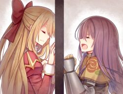  2girls blonde_hair bow brown_capelet capelet closed_eyes crying dress eternal_senia floral_print game_cg gauntlets hair_bow high_priest_(ragnarok_online) hitsuki_rei long_hair long_sleeves magaleta_(eternal_senia) multiple_girls non-web_source official_art purple_hair ragnarok_online red_bow red_dress rose_print senia smile swordsman_(ragnarok_online) tears 