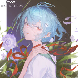  1girl artist_name ayanami_rei blue_hair chinese_commentary colored_eyelashes cracked_skin dated_commentary flower hair_ornament highres neon_genesis_evangelion red_eyes sachiel_(evangelion) school_uniform short_hair solo wind zigou 