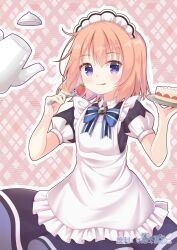  1girl :p absurdres alternate_costume apron black_dress blue_bow blue_bowtie blush bow bowtie cake cake_slice closed_mouth commentary cowboy_shot dress dual_wielding enmaided food fork frilled_apron frills fruit gochuumon_wa_usagi_desu_ka? hair_between_eyes hands_up highres holding holding_fork hoto_cocoa kk0220 licking_lips looking_at_viewer maid maid_apron maid_headdress medium_hair orange_hair outline pink_background puffy_short_sleeves puffy_sleeves short_sleeves simple_background smile solo strawberry striped_bow striped_bowtie striped_clothes teapot tongue tongue_out violet_eyes white_apron white_outline 