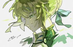  1girl ahoge armor artoria_pendragon_(fate) blonde_hair blue_bow bow braid braided_bun breastplate closed_mouth colored_inner_hair commentary_request cropped_shoulders dress fate/stay_night fate_(series) floating_hair gold_trim green_dress green_eyes grey_armor grey_hair hair_between_eyes hair_bow hair_bun highres juliet_sleeves long_sleeves looking_down mikanha346 multicolored_hair puffy_sleeves saber_(fate) short_hair sidelocks signature simple_background smile solo turtleneck turtleneck_dress white_background 